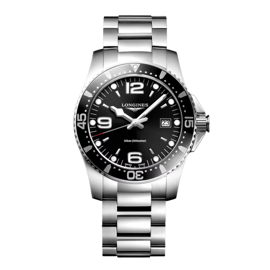 Longines HydroConquest 41mm men’s quartz watch with black dial, stainless steel case and matching steel bracelet