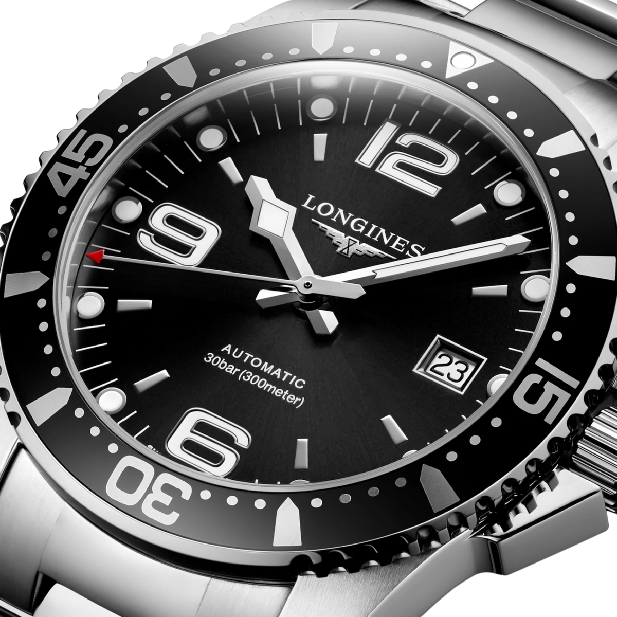Longines HydroConquest 41mm black dial watch with steel bracelet, rotating bezel and date display