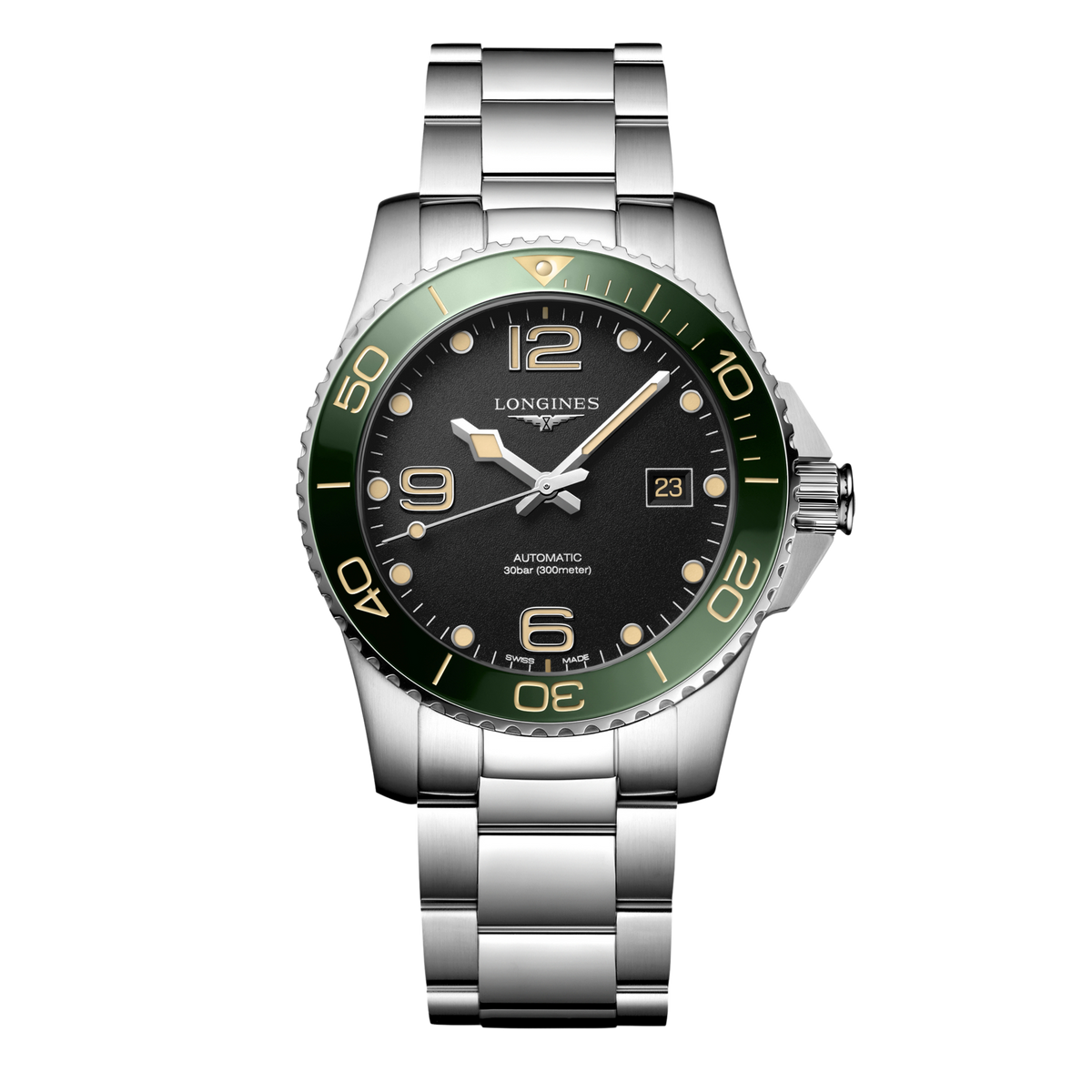 front view of Longines HydroConquest automatic black dial dive watch with green ceramic bezel and stainless steel bracelet
