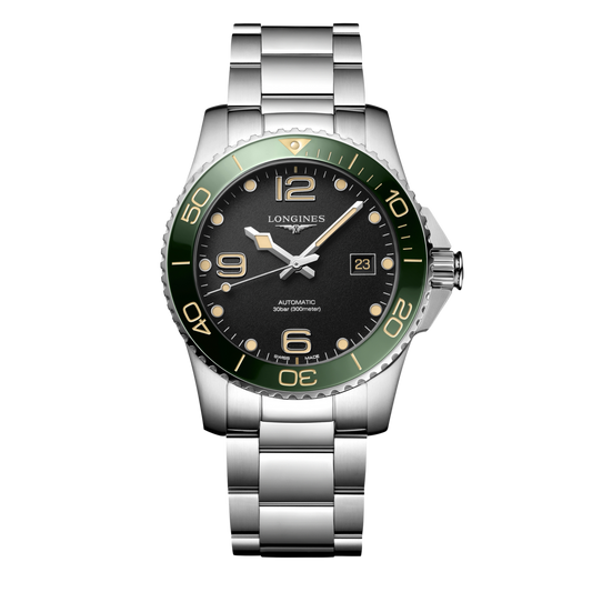 front view of Longines HydroConquest automatic black dial dive watch with green ceramic bezel and stainless steel bracelet
