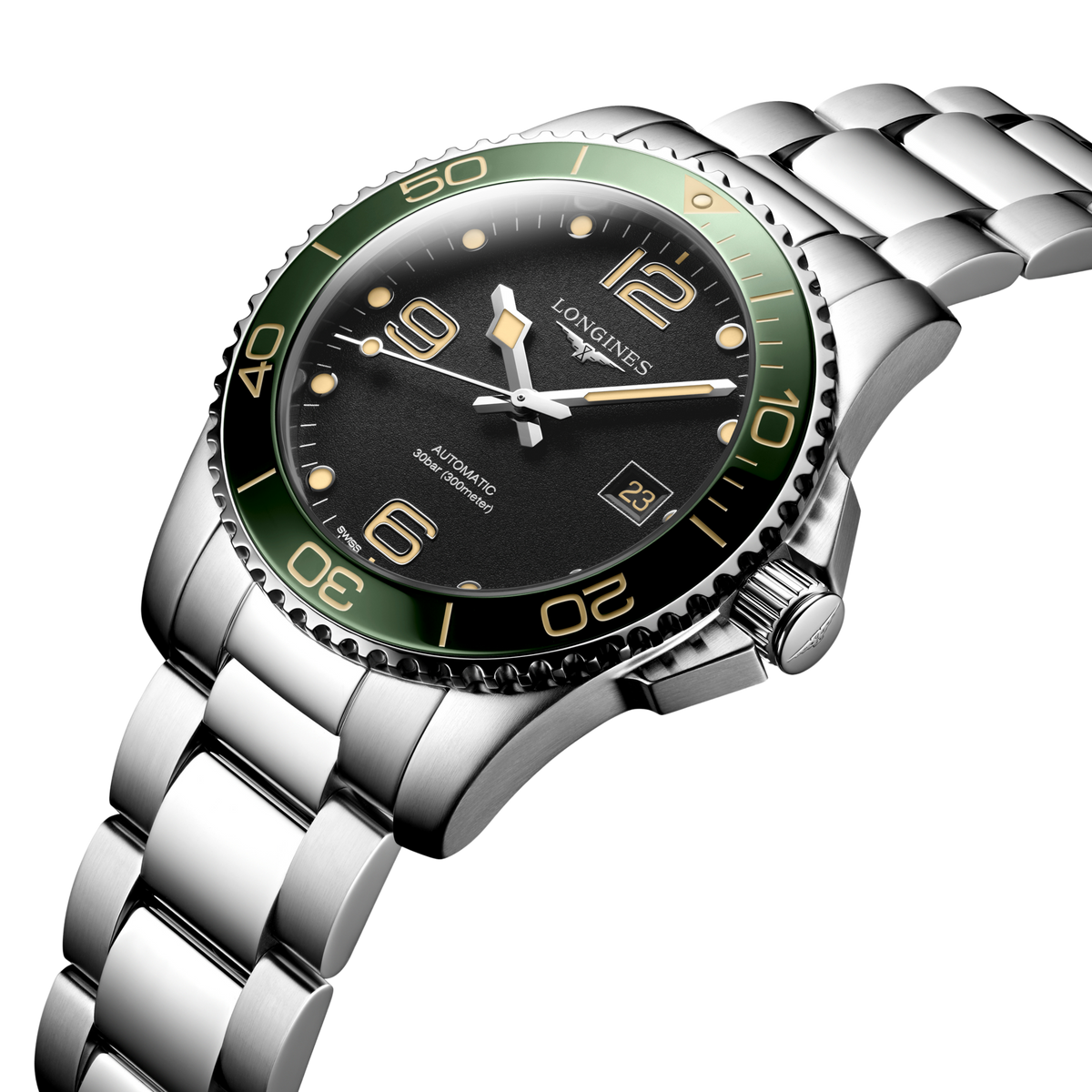 close up of the Longines HydroConquest dial with luminous hour markers, green rotating bezel and date window at 3 o’clock
