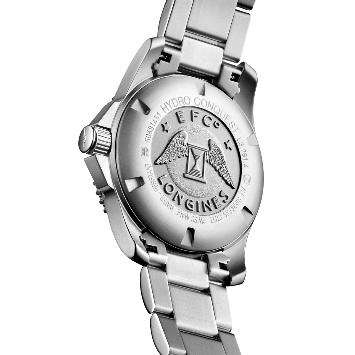 back of Longines HydroConquest automatic diver’s watch showing the stainless steel case back and robust bracelet design
