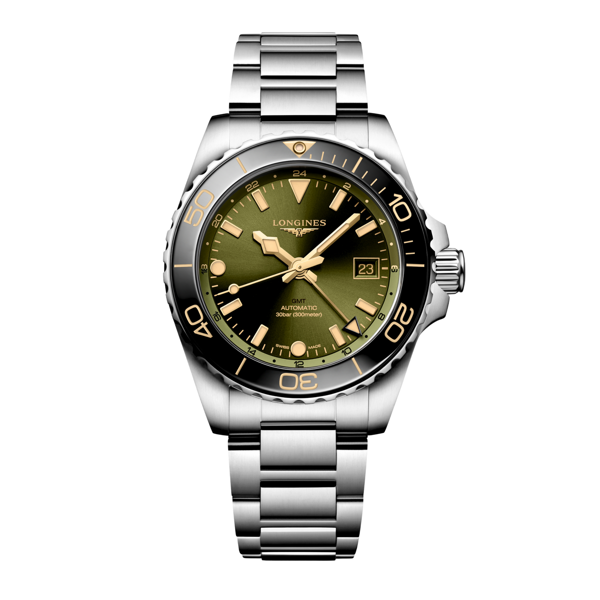 front view of Longines HydroConquest GMT automatic green dial dive watch with black ceramic bezel and stainless steel bracelet
