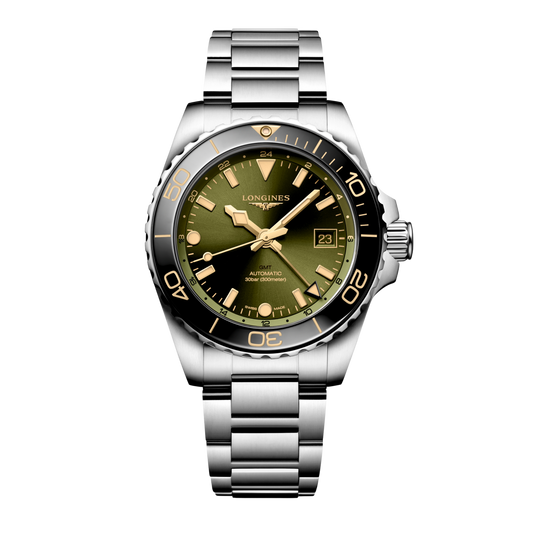 front view of Longines HydroConquest GMT automatic green dial dive watch with black ceramic bezel and stainless steel bracelet
