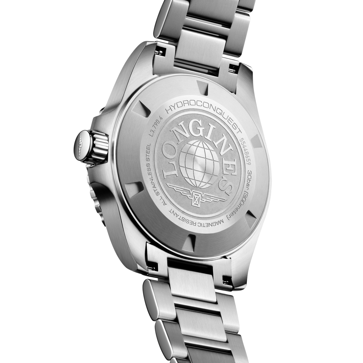 back of Longines HydroConquest GMT automatic watch showing the stainless steel case back and solid link bracelet detailing
