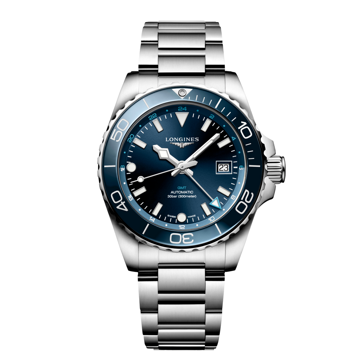 front view of Longines HydroConquest GMT blue dial dive watch with blue ceramic bezel and stainless steel bracelet
