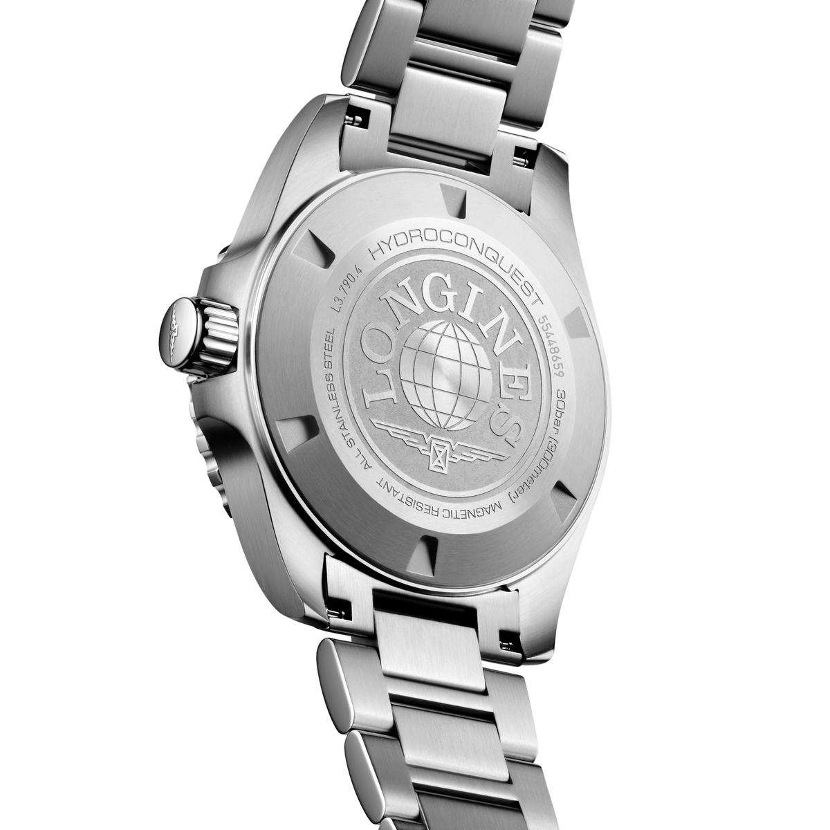 back of Longines HydroConquest GMT automatic watch showing the stainless steel case back and brushed steel bracelet construction
