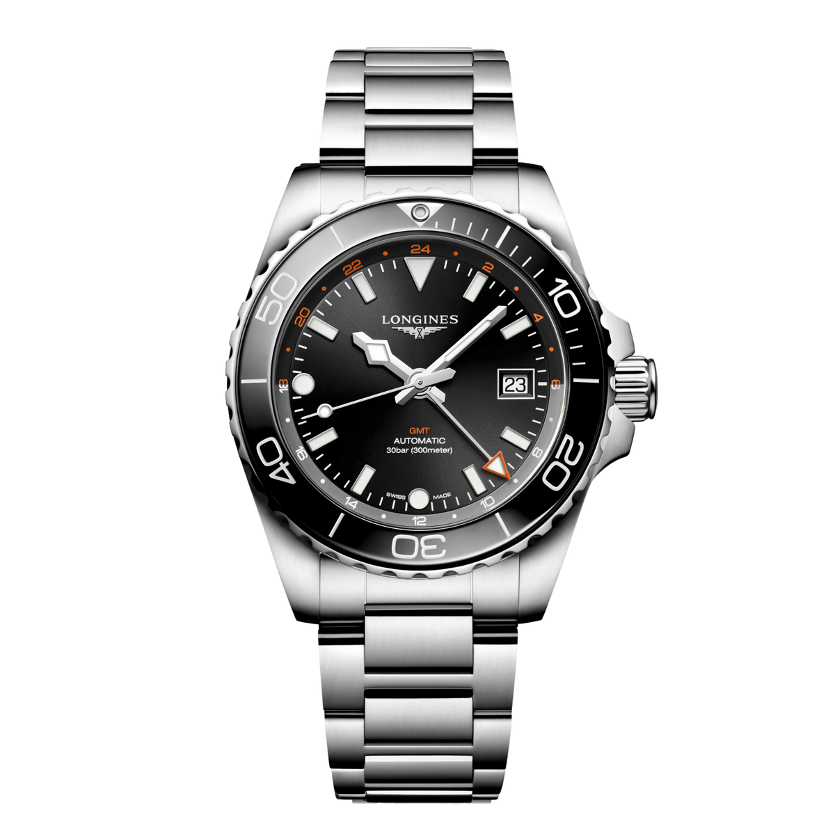 front view of Longines HydroConquest GMT automatic black dial dive watch with black ceramic bezel and stainless steel bracelet