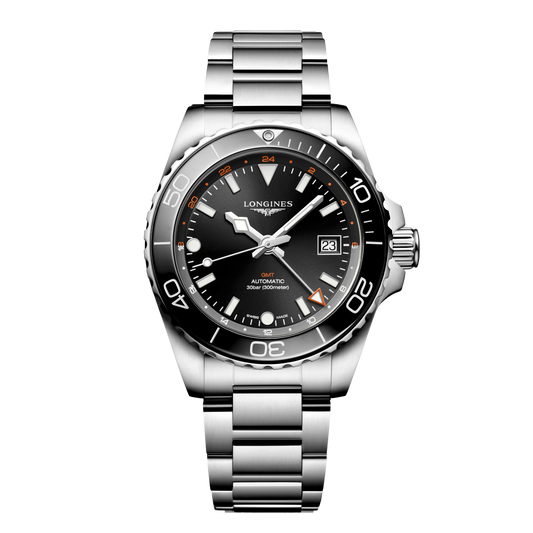 front view of Longines HydroConquest GMT automatic black dial dive watch with black ceramic bezel and stainless steel bracelet