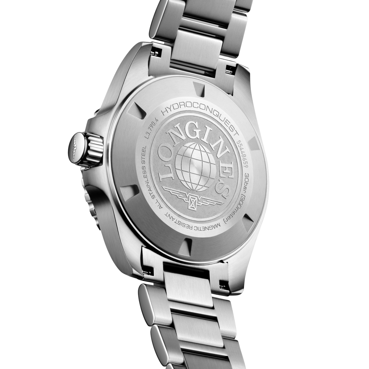 back of Longines HydroConquest GMT automatic watch showing the stainless steel case back and brushed steel bracelet detailing
