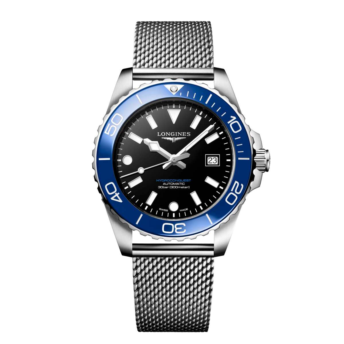 front view of Longines HydroConquest automatic black dial dive watch with blue ceramic bezel and stainless steel mesh bracelet