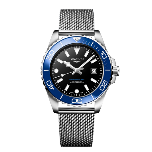 front view of Longines HydroConquest automatic black dial dive watch with blue ceramic bezel and stainless steel mesh bracelet