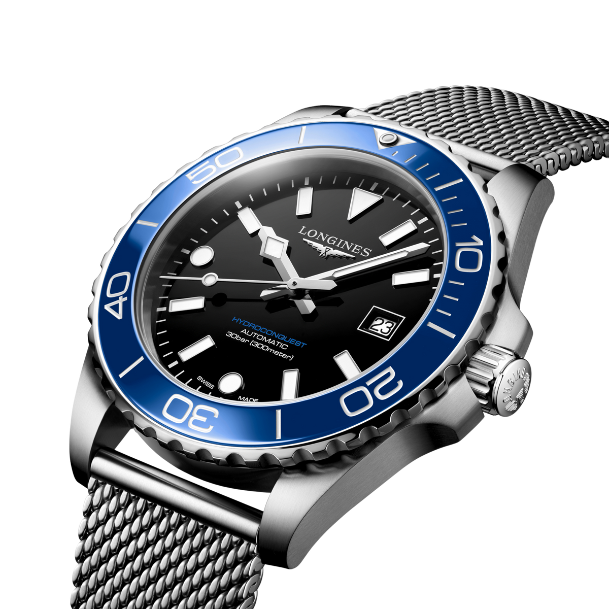 close up of the Longines HydroConquest black dial with luminous markers, blue ceramic bezel and automatic movement display
