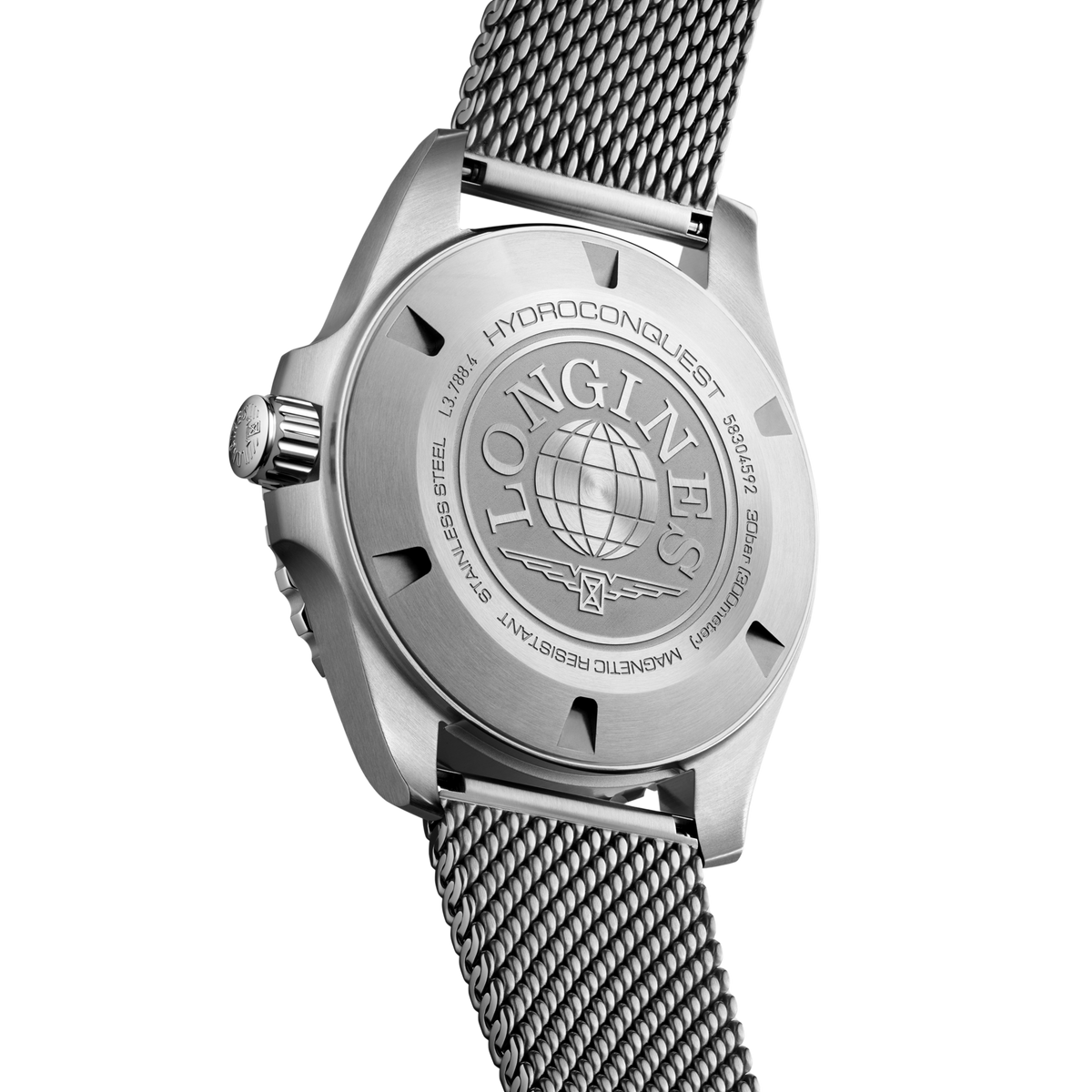 back of Longines HydroConquest automatic watch showing the stainless steel case back and Milanese mesh bracelet detailing
