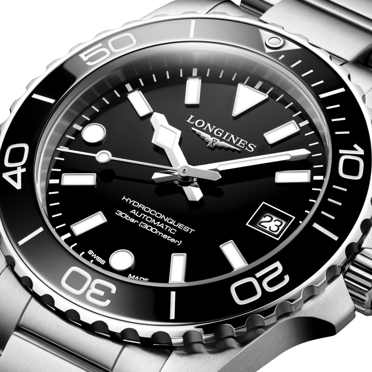 close up of the Longines HydroConquest black dial with luminous hands, bold dive markers and date window at 3 o’clock
