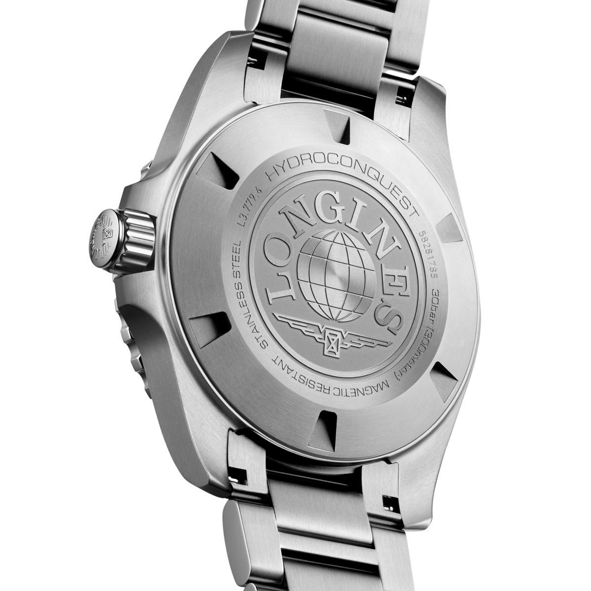 back of Longines HydroConquest automatic diver’s watch showing the stainless steel case back and solid link bracelet construction
