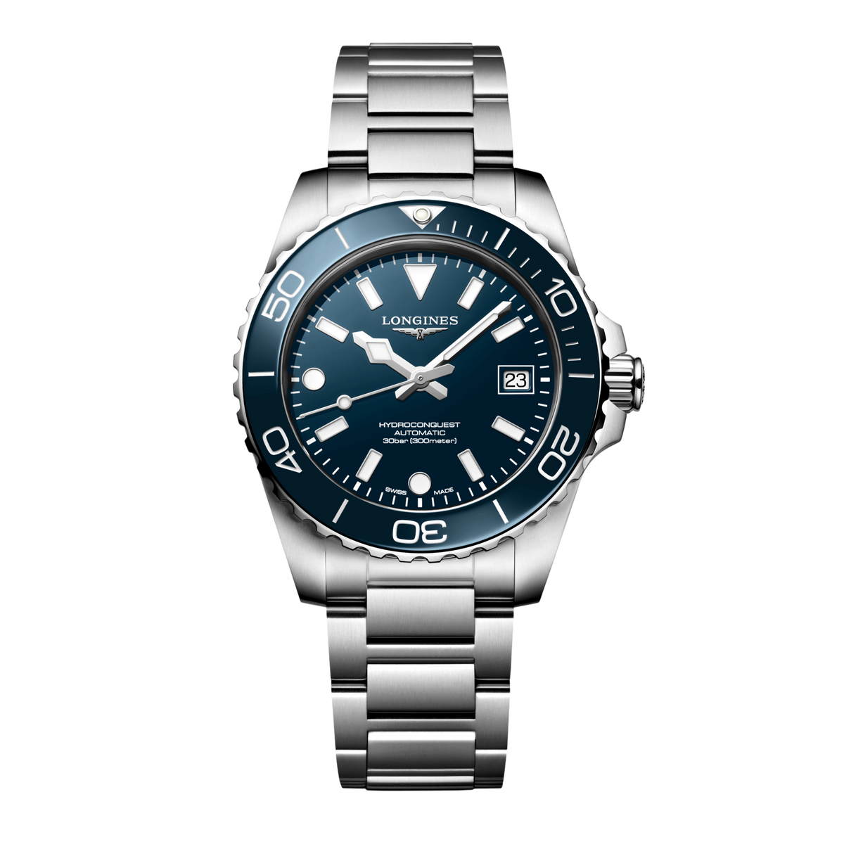 front view of Longines HydroConquest automatic blue dial dive watch with black ceramic bezel and stainless steel bracelet
