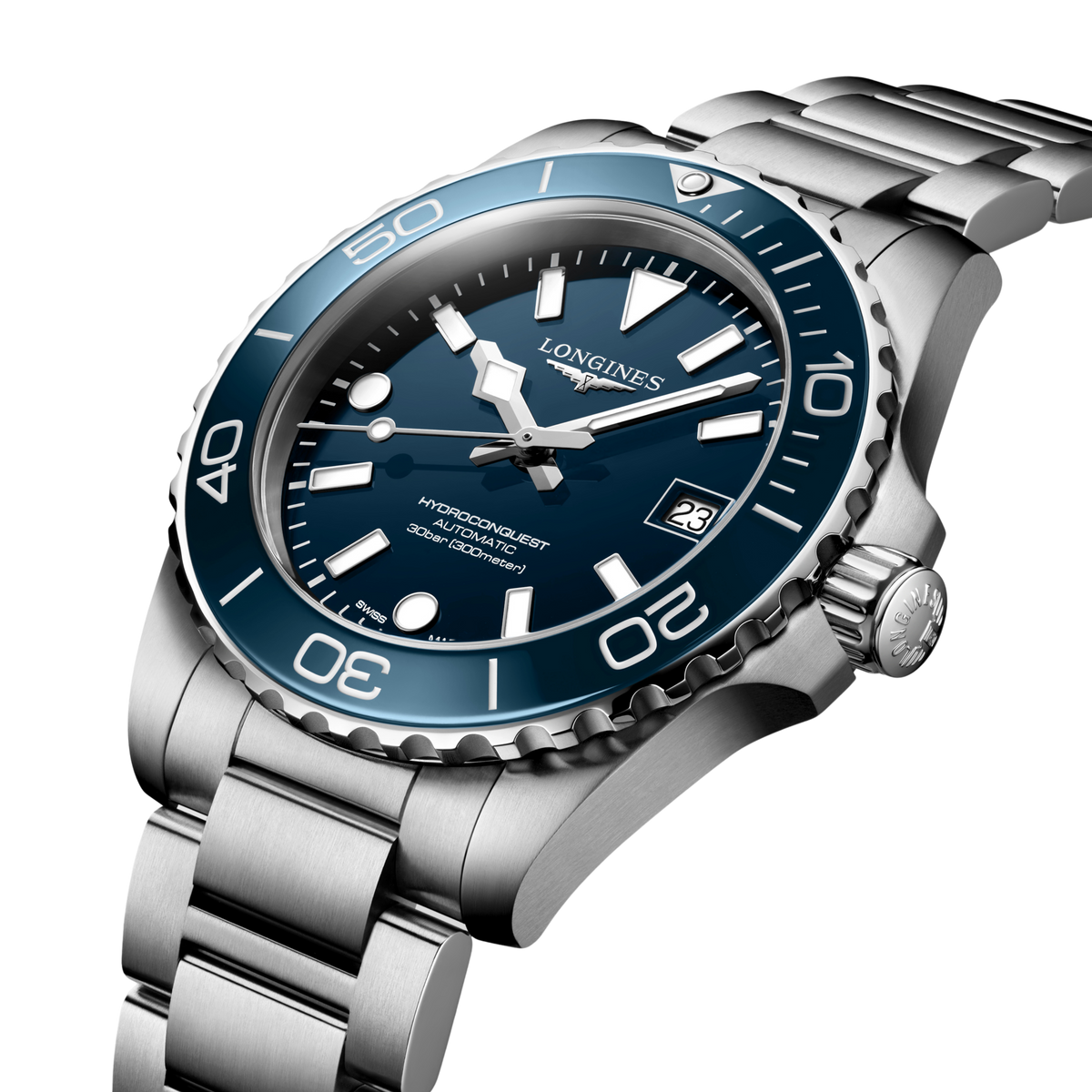 Longines HydroConquest sports watch worn on the wrist featuring a blue dial, rotating bezel and brushed stainless steel bracelet

