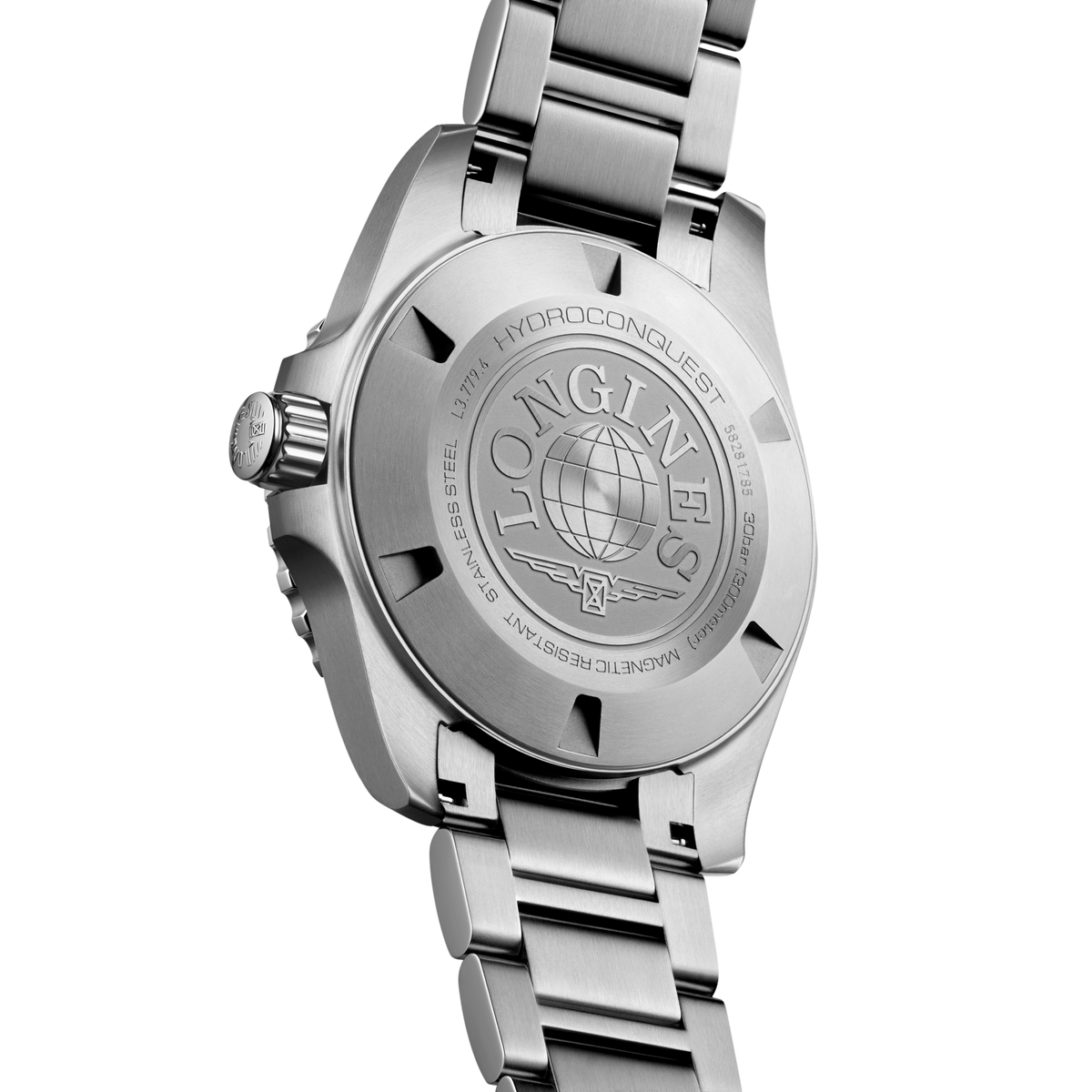 back of Longines HydroConquest automatic diver’s watch showing the stainless steel case and solid link bracelet construction
