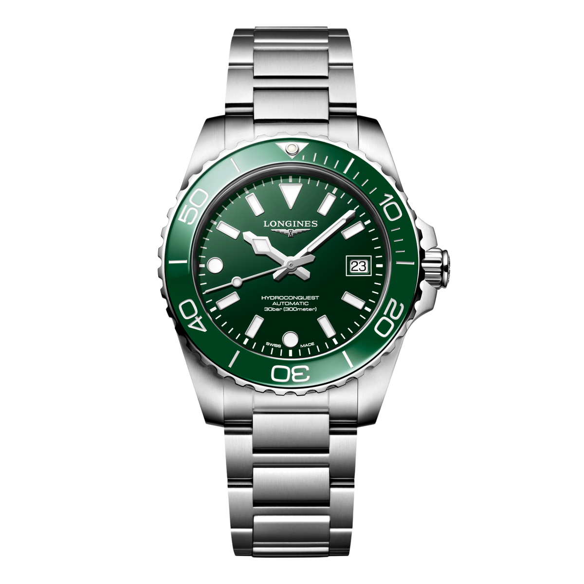 front view of Longines HydroConquest automatic green dial dive watch with matching green ceramic bezel and stainless steel bracelet
