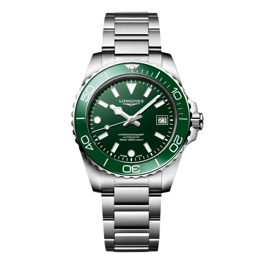 front view of Longines HydroConquest automatic green dial dive watch with matching green ceramic bezel and stainless steel bracelet
