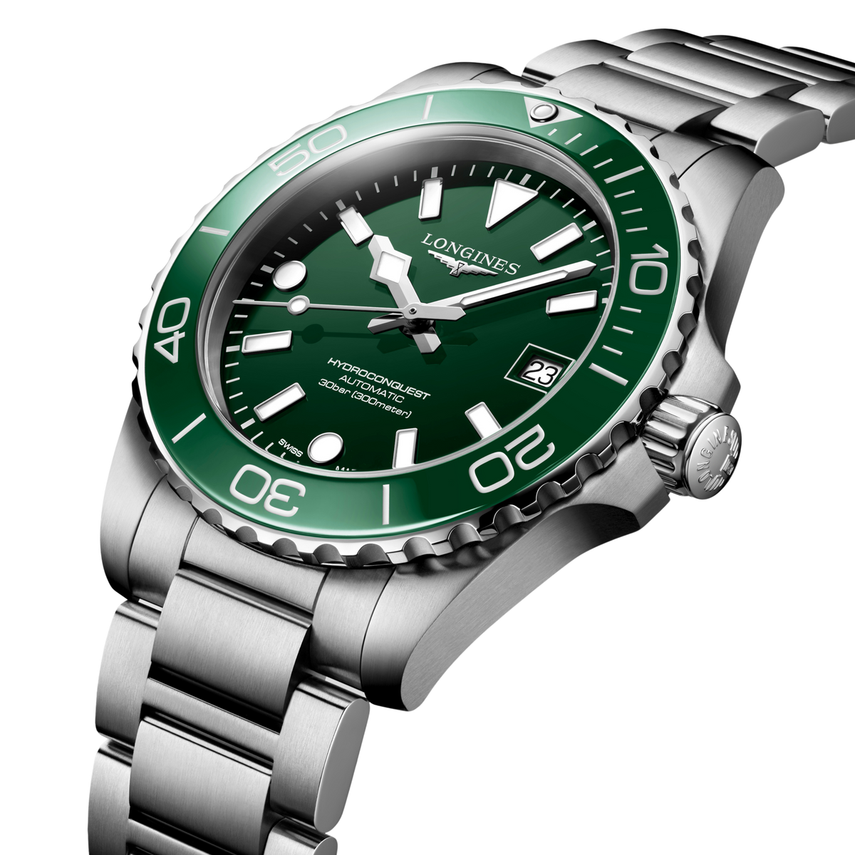close up of the Longines HydroConquest green sunray dial featuring luminous hands, oversized hour markers and date display
