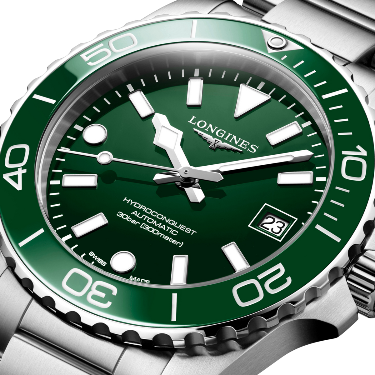 close up of the Longines HydroConquest green sunray dial featuring luminous hands, oversized hour markers and date display


