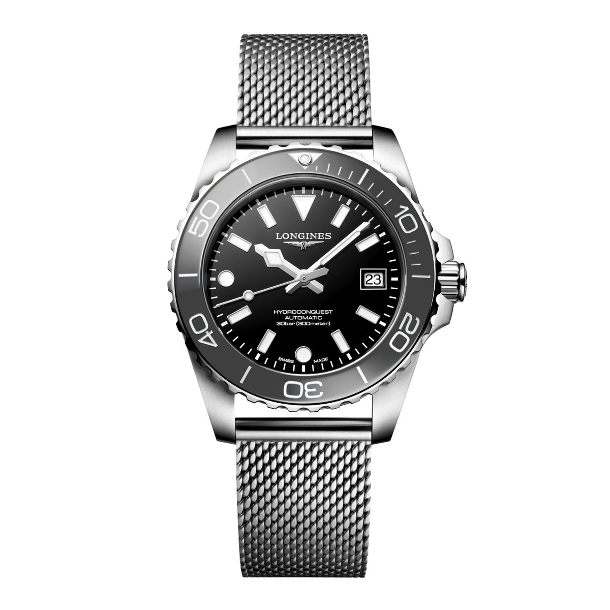 front view of Longines HydroConquest automatic grey dial dive watch with stainless steel mesh bracelet and ceramic bezel
