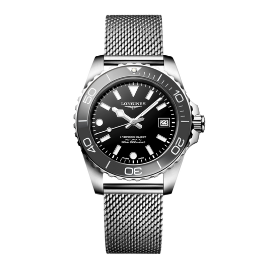 front view of Longines HydroConquest automatic grey dial dive watch with stainless steel mesh bracelet and ceramic bezel
