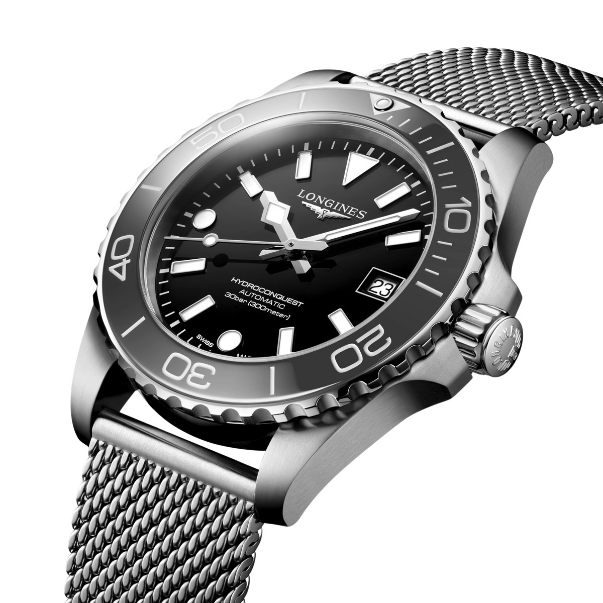 Longines HydroConquest green dial sports watch worn on the wrist with a stainless steel bracelet and bold diver styling
