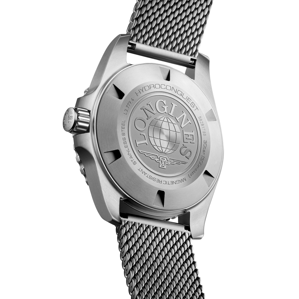 back of Longines HydroConquest automatic watch showing the engraved stainless steel case back and brushed steel bracelet links
