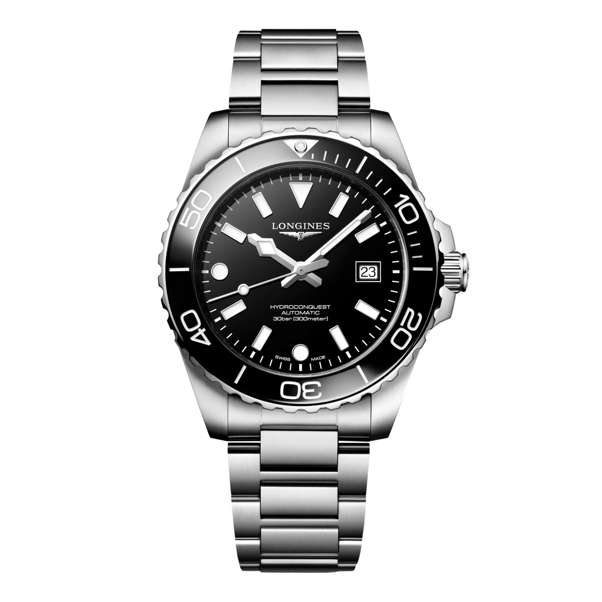 front view of Longines HydroConquest automatic black dial dive watch with stainless steel bracelet and black ceramic bezel
