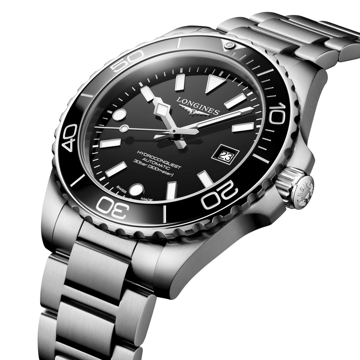 Longines HydroConquest black dial sports watch styled on the wrist with a stainless steel bracelet and professional diver aesthetic
