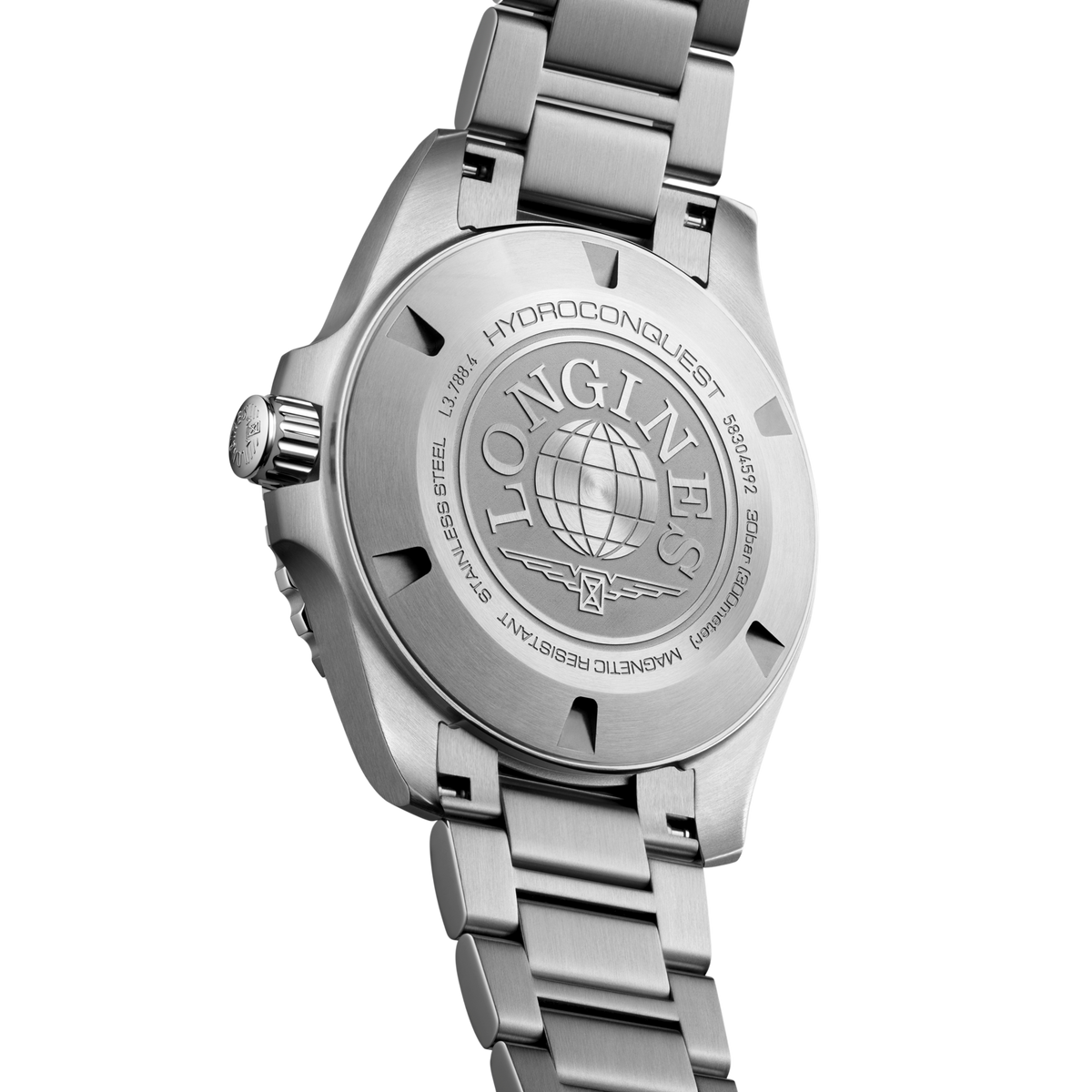back of Longines HydroConquest automatic stainless steel watch showing the engraved case back and brushed steel bracelet finish
