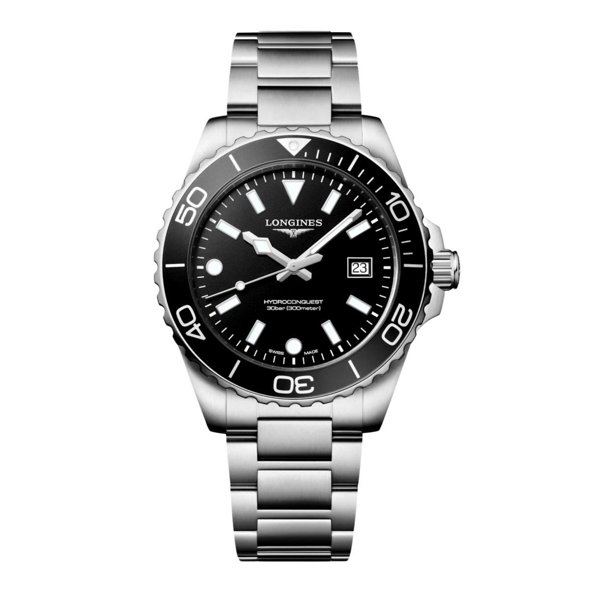 Longines HydroConquest 42mm men’s quartz watch with black sandblasted dial and stainless steel bracelet