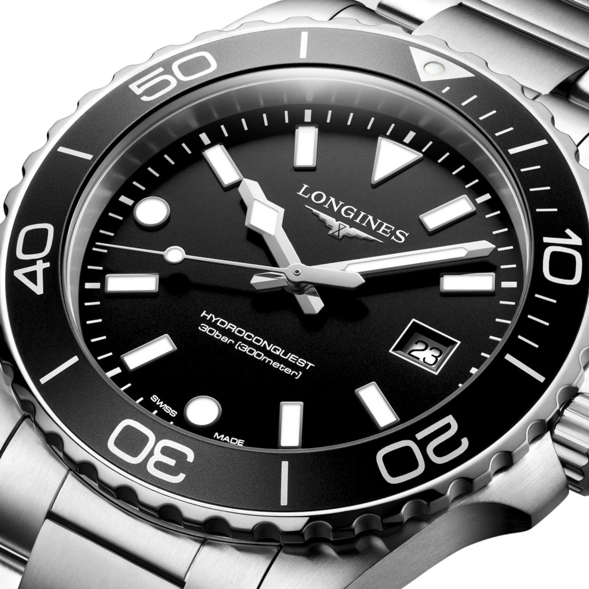 Longines HydroConquest men’s watch featuring a black dial, steel case and unidirectional rotating bezel