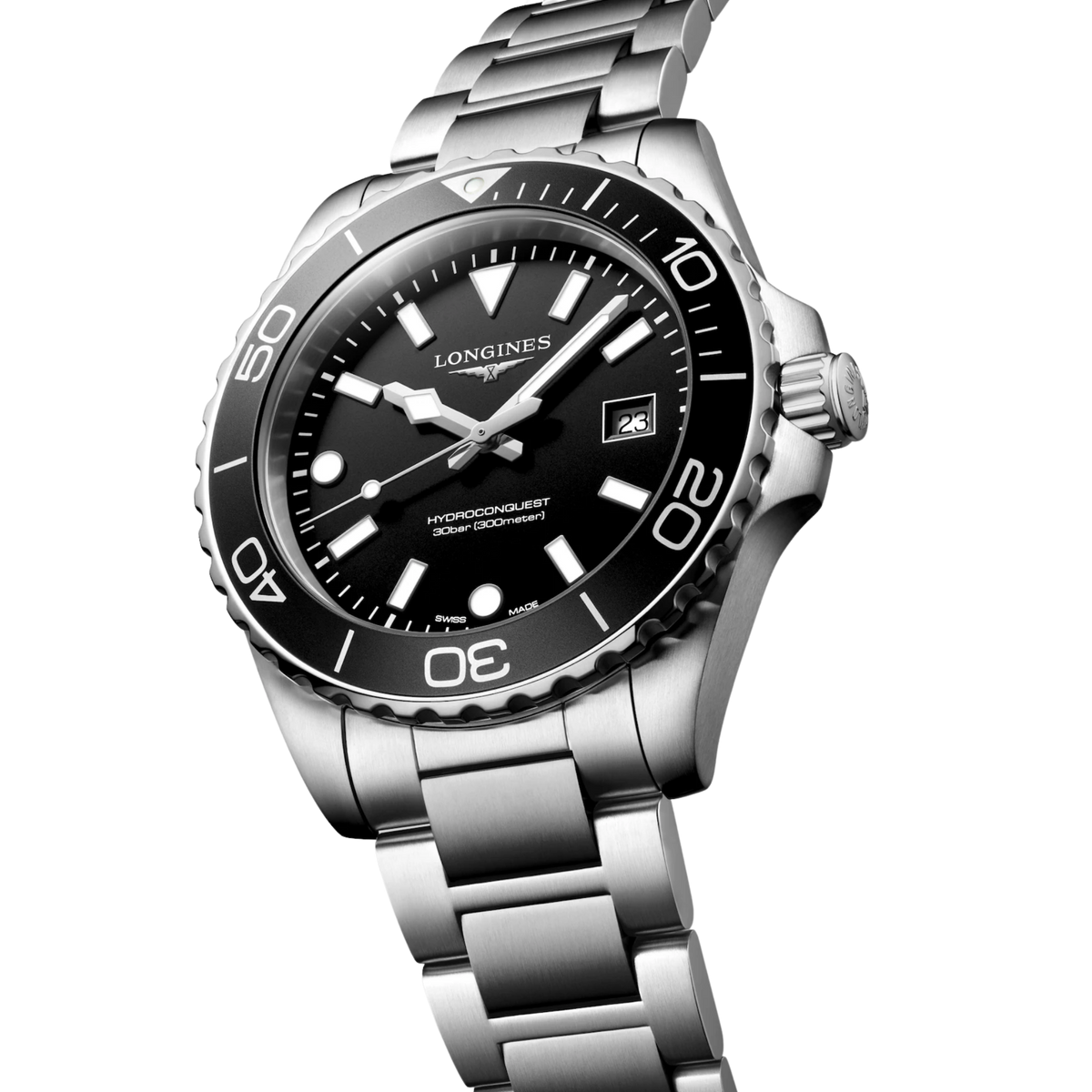 Longines HydroConquest 42mm black dial watch with date display, sapphire crystal and stainless steel bracelet