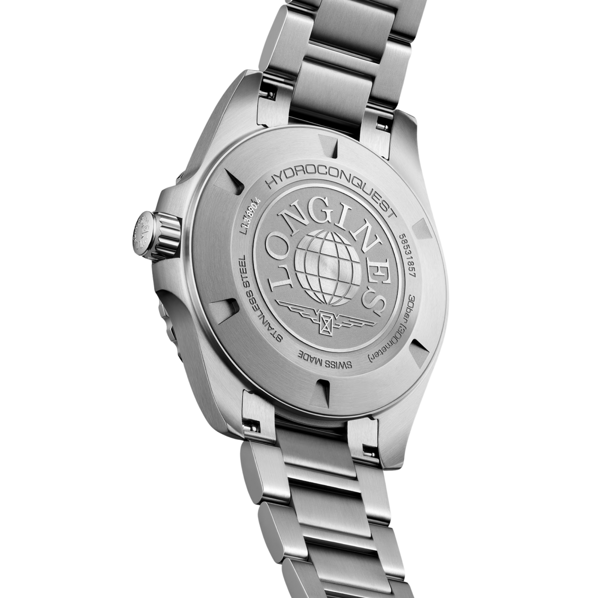 Longines HydroConquest Swiss quartz men’s watch with black dial, steel bracelet and 300m water resistance
