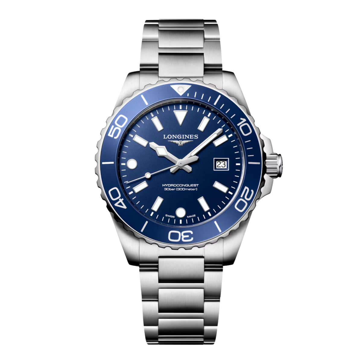 Longines HydroConquest 42mm men’s quartz watch with blue dial and stainless steel bracelet
