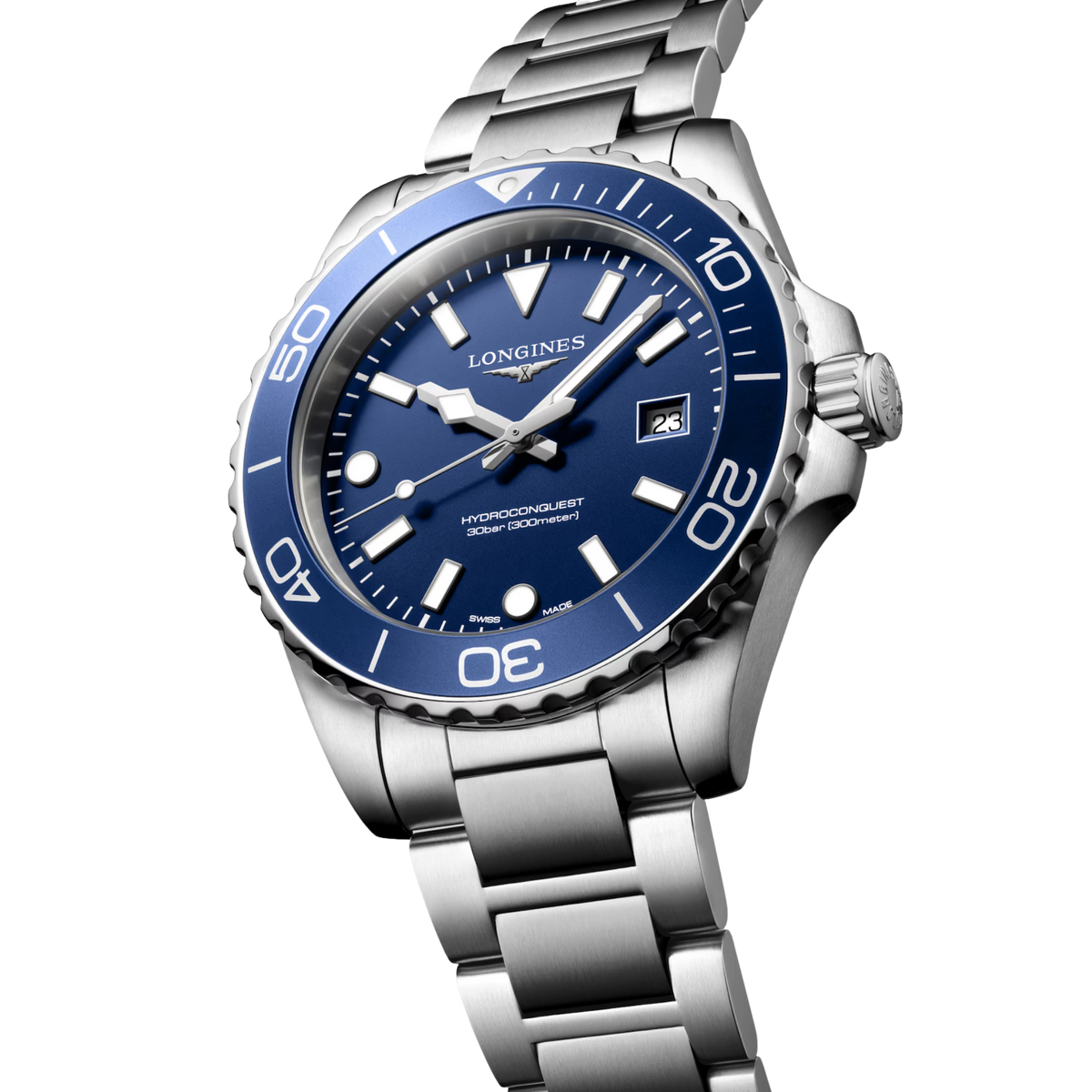 Longines HydroConquest 42mm blue dial watch with date display, rotating bezel and steel bracelet