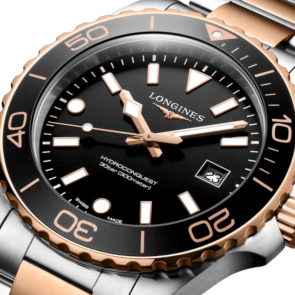 Longines HydroConquest 42mm men’s quartz watch with black dial and red PVD steel bracelet