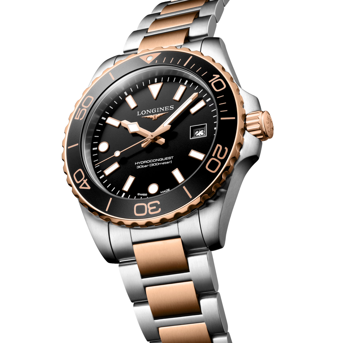 Longines HydroConquest men’s watch with black sandblasted dial, stainless steel case and red PVD details