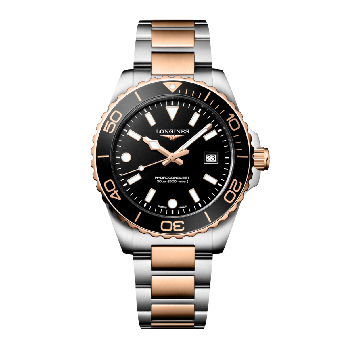 Longines HydroConquest Swiss quartz watch with black dial, sapphire crystal and red PVD steel bracelet