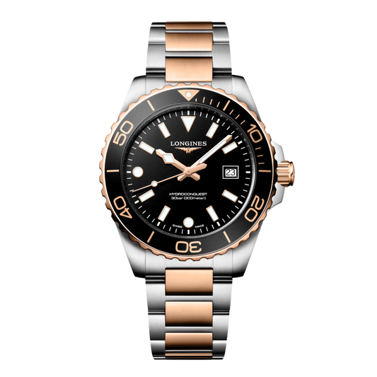 Longines HydroConquest Swiss quartz watch with black dial, sapphire crystal and red PVD steel bracelet