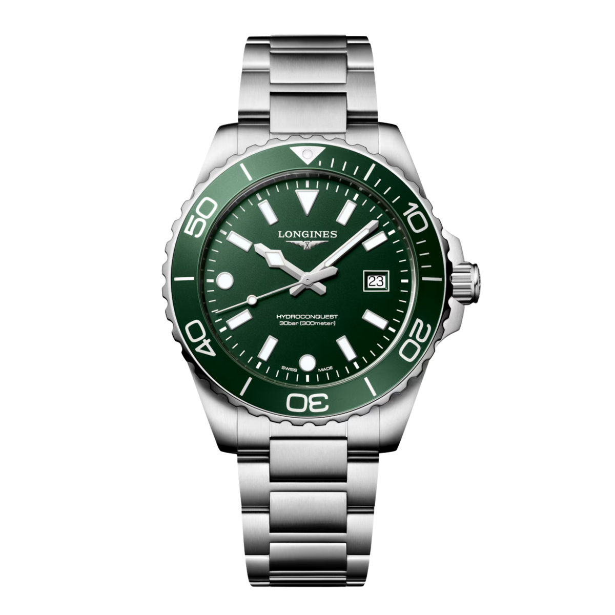 Longines HydroConquest 42mm men’s quartz watch with green dial and stainless steel bracelet