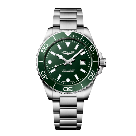 Longines HydroConquest 42mm men’s quartz watch with green dial and stainless steel bracelet