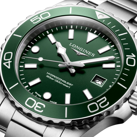 Longines HydroConquest men’s watch featuring a green sandblasted dial and stainless steel case