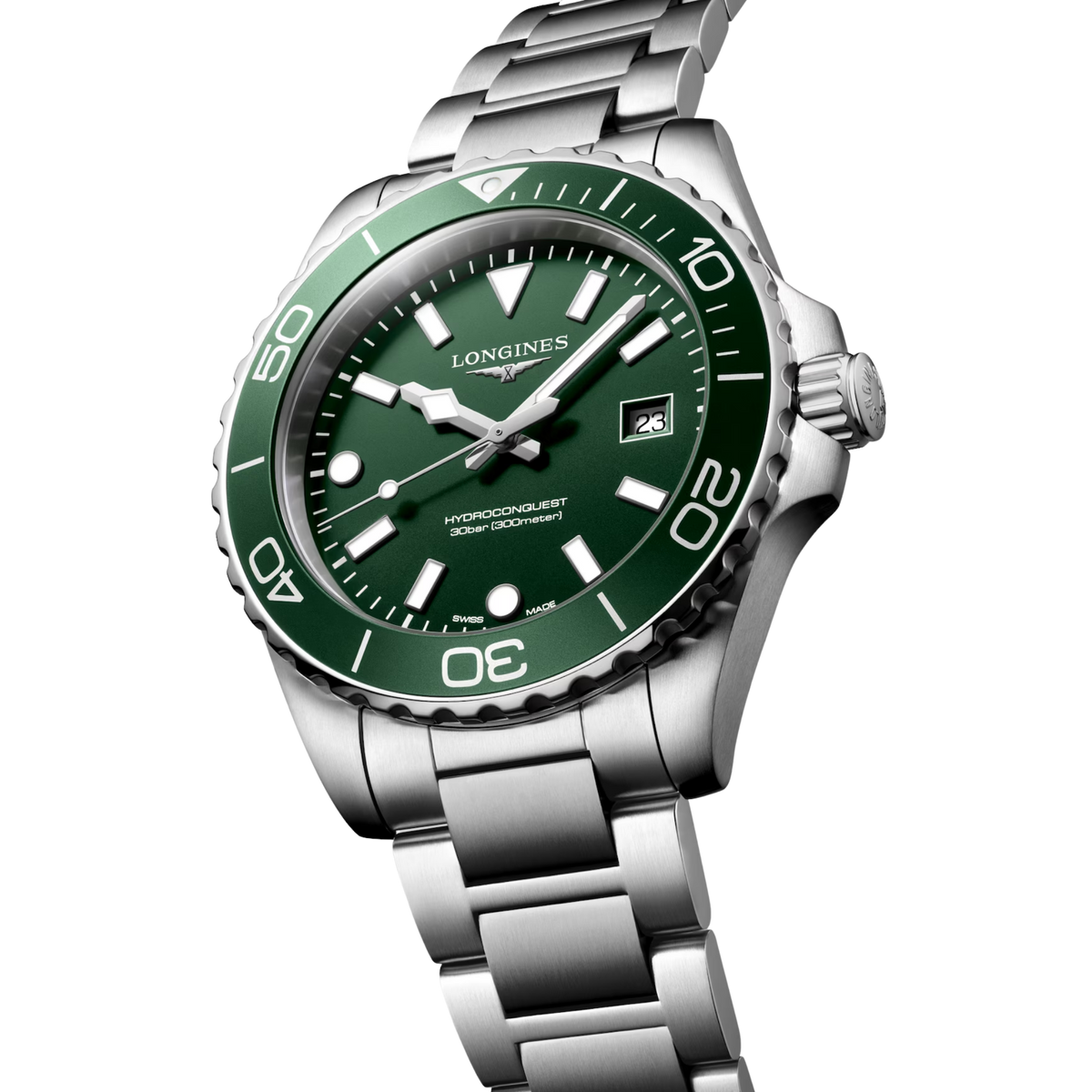 Longines HydroConquest 42mm green dial watch with rotating bezel, date display and steel bracelet