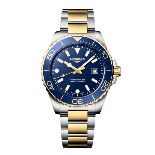 Longines HydroConquest 42mm men’s quartz watch with blue dial and two-tone steel bracelet