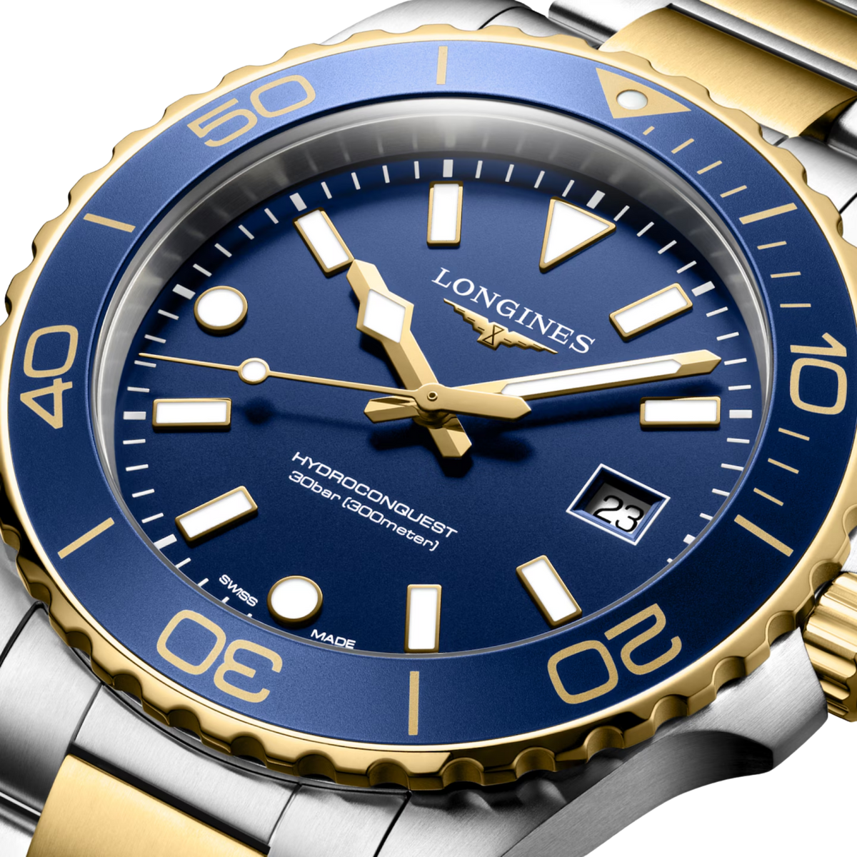 Longines HydroConquest men’s watch with blue sandblasted dial and yellow PVD stainless steel case